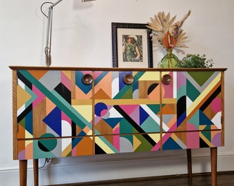 MADE TO ORDER, Bespoke hand painted geometric design, mid century sideboard credenza, Bespoke Home Decor, Storage Solution, Retro sideboard