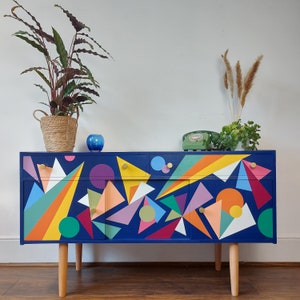 MADE TO ORDER, Bespoke hand painted geometric design, mid century sideboard credenza, Bespoke Home Decor, Storage Solution, Retro sideboard
