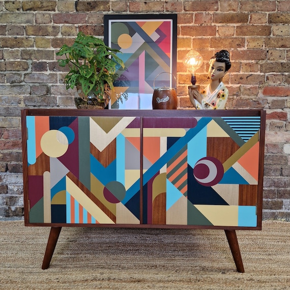 Handcrafted Modern　Mid-century Designers Custom Hand-painted Geometric Mid-century Cabinet - Etsy