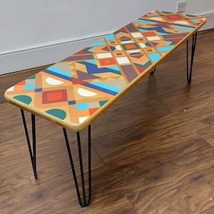 MADE TO ORDER Bespoke hand painted geometric design, wooden bench, custom seating, dining room seating, hallway bench, outdoor bench.