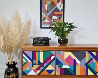 MADE TO ORDER, Hand Crafted Mid-Century Sideboard Credenza, Custom Geometric Design, Hand-Painted Bespoke Home Decor.