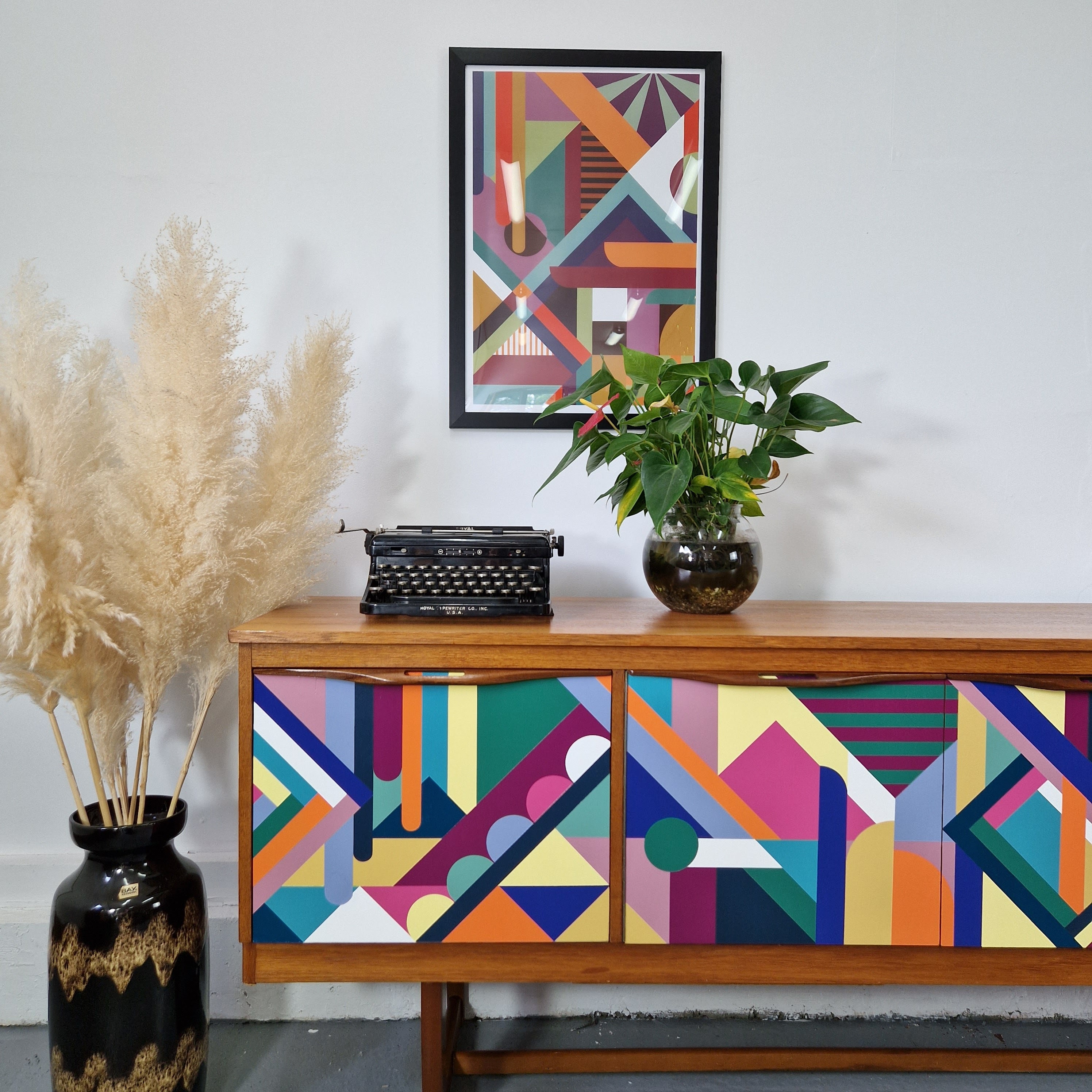 Hand Crafted Mid century Sideboard Credenza Custom Geometric