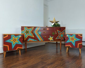 MADE TO ORDER, Bespoke hand painted geometric star design bedside tables and matching sideboard, bbedroom furniture, nightstands, sideboard.