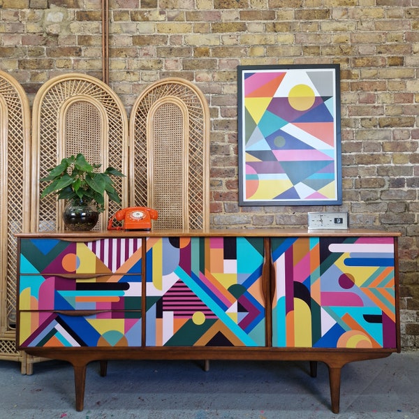 MADE TO ORDER, Artisan Crafted Mid-Century Sideboard Credenza, Custom Geometric Design, Hand-Painted Bespoke Home Decor.