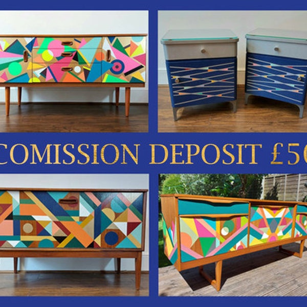 Geometric display cabinet, hand painted sideboard, up-cycled credenza, mid century cabinet, DEPOSIT PAYMENT for hand painted furniture