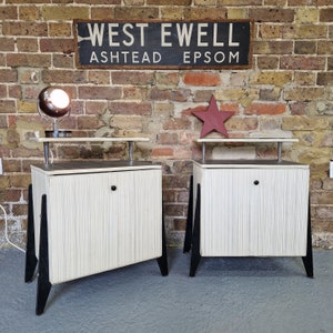Pair of mid century atomic bedside cabinets nightstands