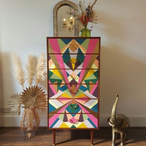 MADE TO ORDER Hand-Painted Geometric Mid-Century Tallboy Drawers, Custom Bespoke Design Drawers, Artisan Unique Storage Solution.