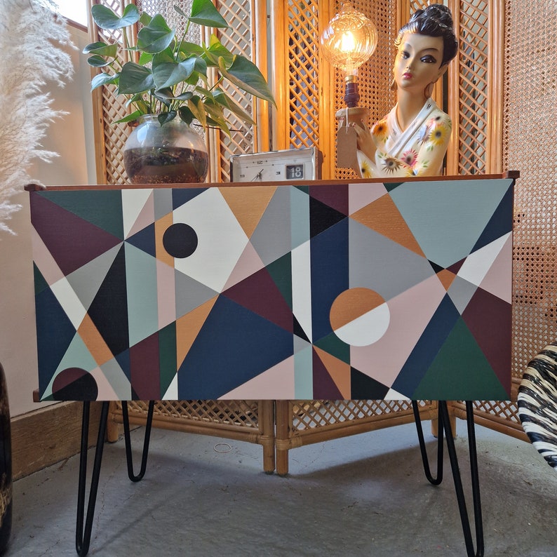 Bespoke Hand-Painted Geometric Design, Mid-Century Cabinet, Custom Furniture, Unique Storage Solution. image 2