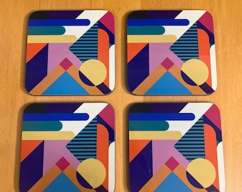 A Set of Four, Handmade Colourful Geometric Coasters, Unique Drink Coasters, Abstract Design, Modern Table Decor, Artistic Accessories.