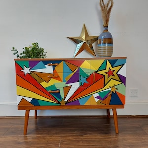 MADE TO ORDER, Bespoke hand painted geometric design cabinet, Bespoke Home Decor, Storage Solution, Retro sideboard