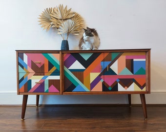 MADE TO ORDER Bespoke hand painted geometric design mid century sideboard credenza.