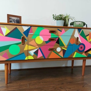 MADE TO ORDER, Bespoke hand painted geometric design, mid century sideboard,Bespoke Home Decor, Storage Solution, Retro sideboard