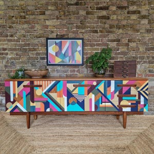MADE TO ORDER, Customisable Bespoke Hand Painted Geometric Mid Century Sideboard, Credenza, One- Of-A-Kind Geometric Unique.