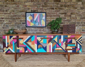 MADE TO ORDER, Customisable Bespoke Hand Painted Geometric Mid Century Sideboard, Credenza, One- Of-A-Kind Geometric Unique.
