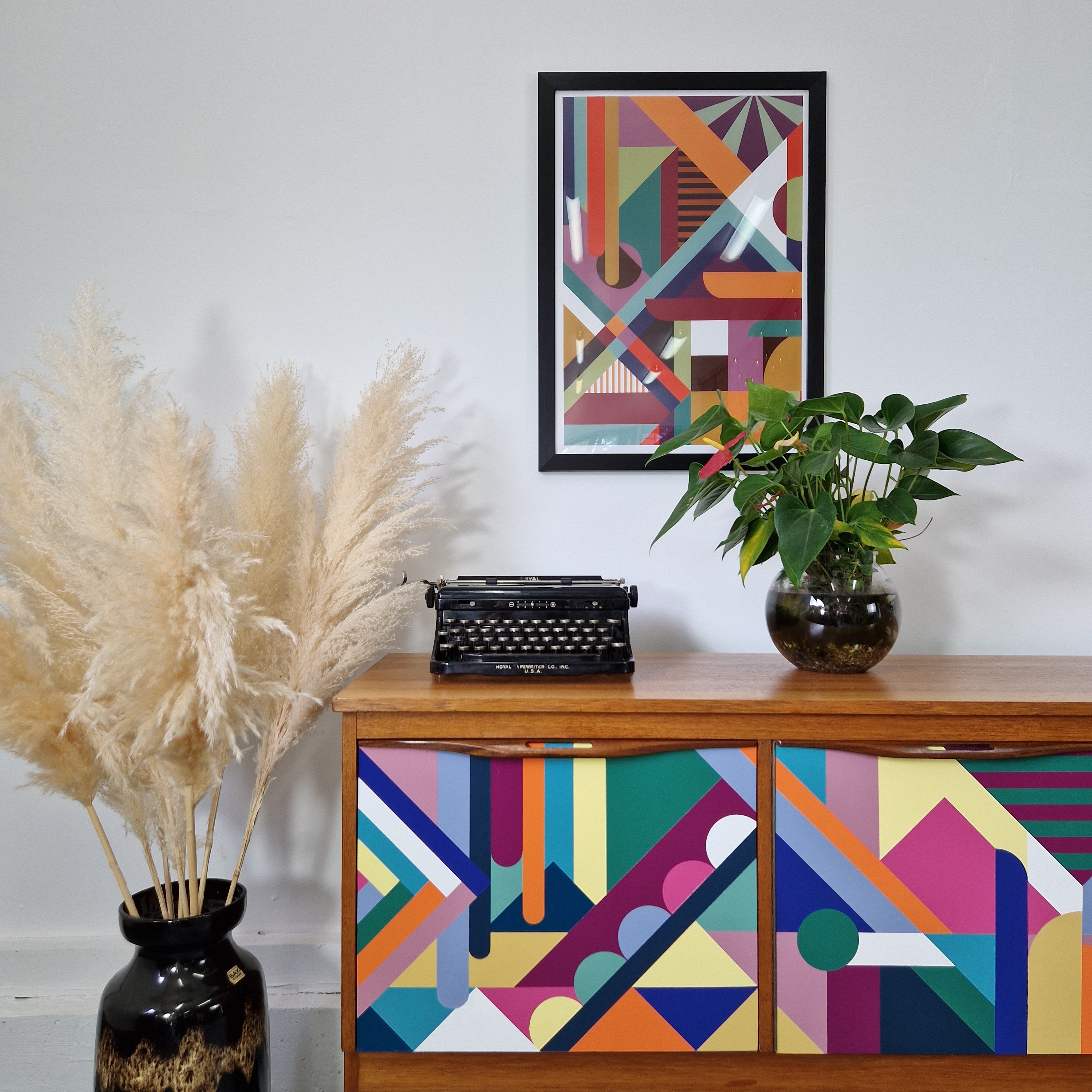 Hand Crafted Mid century Sideboard Credenza Custom Geometric