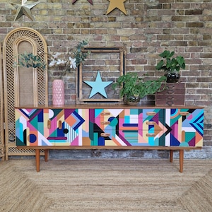 MADE TO ORDER, Customisable Bespoke Hand Painted Geometric Mid Century Sideboard, Credenza, One- Of-A-Kind Geometric Unique.