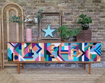 MADE TO ORDER, Customisable Bespoke Hand Painted Geometric Mid Century Sideboard, Credenza, One- Of-A-Kind Geometric Unique.