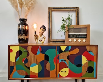 Custom Painted Geometric Mid Century Sideboard, Bespoke Design, Unique Furniture Made to Order, Artisan Crafted Storage, Modern Home Decor