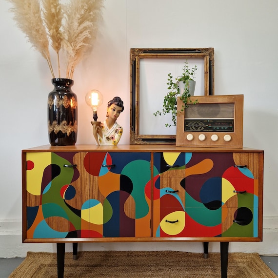 Custom Painted Geometric Mid Century Sideboard, Bespoke Design