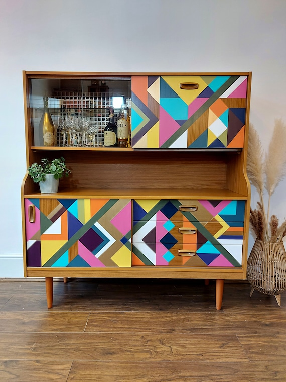 Bespoke Hand Painted Geometric Mid Century Drinks Cabinet