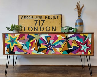 MADE TO ORDER, Bespoke hand painted star design mid century sideboard credenza, Bespoke Home Decor, Storage Solution, Retro sideboard