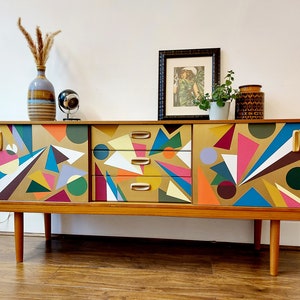 MADE TO ORDER, Bespoke hand painted geometric design, mid century sideboard credenza, Bespoke Home Decor, Storage Solution, Retro sideboard