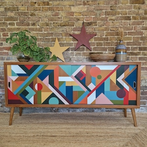 MADE TO ORDER, Customisable Bespoke Hand Painted Geometric Mid Century Sideboard, Credenza, One- Of-A-Kind Geometric Unique.
