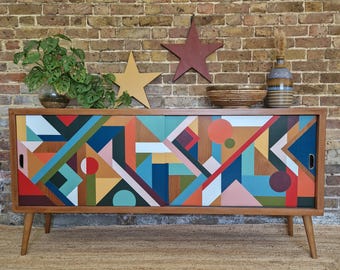 MADE TO ORDER, Customisable Bespoke Hand Painted Geometric Mid Century Sideboard, Credenza, One- Of-A-Kind Geometric Unique.