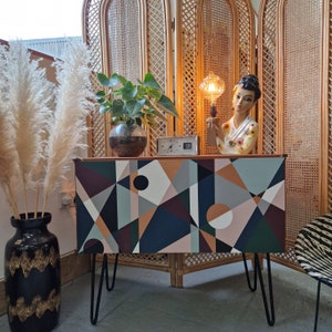 Bespoke Hand-Painted Geometric Design, Mid-Century Cabinet, Custom Furniture, Unique Storage Solution.