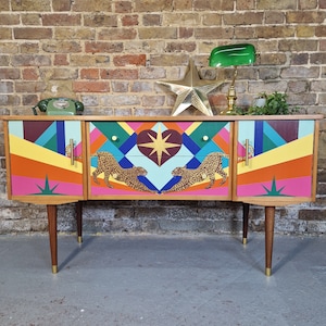 Customisable Bespoke Hand Painted Geometric Mid Century Sideboard, Made To Order, One- Of-A-Kind Geometric Unique Handcrafted Sideboard