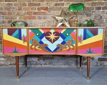 Customisable Bespoke Hand Painted Geometric Mid Century Sideboard, Made To Order, One- Of-A-Kind Geometric Unique Handcrafted Sideboard
