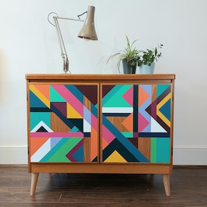 MADE TO ORDER, Bespoke hand painted geometric design, mid century storage cabinet, Bespoke Home Decor, Storage Solution, Retro sideboard