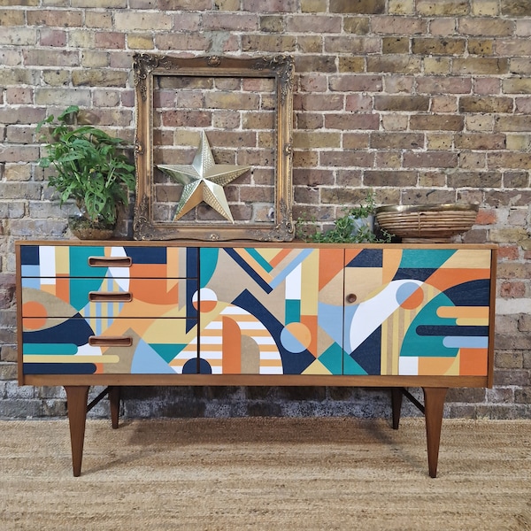 Hand Crafted Mid-Century Sideboard Credenza, Geometric Design, Hand-Painted, Bespoke Home Decor, Storage Solution, Retro sideboard