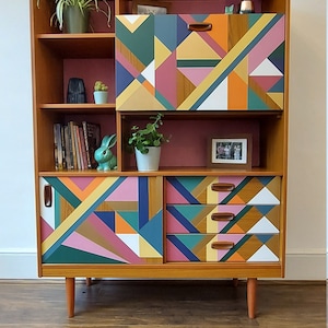 MADE TO ORDER, Bespoke hand painted geometric design, mid century display cabinet, Storage Solution, Retro drinks cabinet