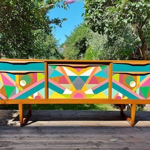 MADE TO ORDER, Bespoke hand painted geometric design, mid century sideboard credenza, Bespoke Home Decor, Storage Solution, Retro sideboard.