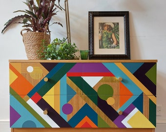 MADE TO ORDER, Bespoke hand painted geometric design, mid century cabinet, Bespoke Home Decor, Storage Solution, Retro sideboard