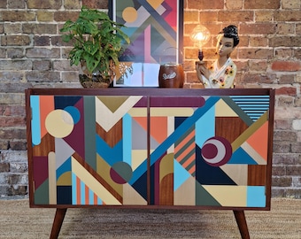 Custom Painted Geometric Mid Century Sideboard, Bespoke Design, Unique Furniture Made to Order, Artisan Crafted Storage, Modern Home Decor