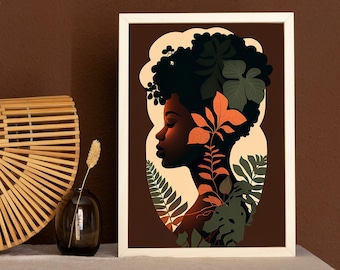 Impresión de mujer negra, arte de pared afroamericano, arte imprimible, arte de pared Boho, arte de pared de baño, impresión de arte de pared de niña negra, impresión de arte botánico