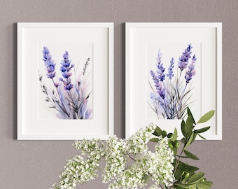 Conjunto de impresiones de lavanda en acuarela, arte botánico floral de estilo rústico (descarga digital)