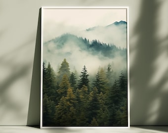 Green Foggy Forest Print, Watercolor Landscape Wall Art (Digital Download)