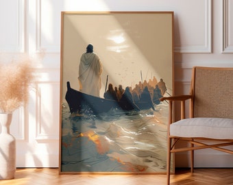 Jesus i båt med lärjungar kristen bibelkonst modern bibelvers väggkonst Jesustryck bibelskiss boho bibeldekor Jesus väggkonst