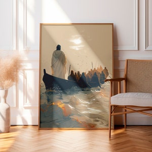 Jesus In Boat With Disciples Christian Bible Art Modern Bible Verse Wall Art Jesus Print Bible Sketch Boho Scripture Decor Jesus Wall Art