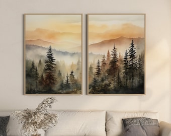Mountains Print Set of 2, Watercolor Forest Wall Art, Nature Prints,Modern Minimal Wall Decor,Landscape Watercolor Gallery Wall Art Set of 2