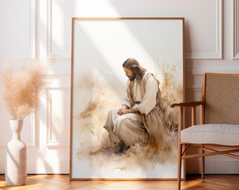 Jesus betender Wanddruck Jesus Wandkunst Trendy Wohnzimmerdekor gerahmte Leinwand Christian Kinderzimmerdeko Boho Christian Print Ostern Kunstdruck