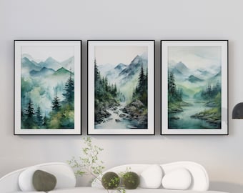 Mountain Print Set of 3, Watercolor Mountain Wall Art, Nature Prints, Modern Minimal Wall Decor, Landscape Watercolor Gallery Wall Set of 3