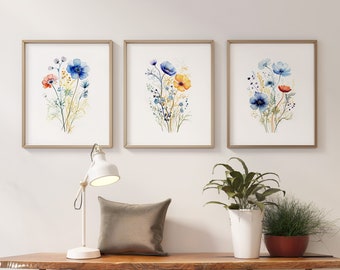 Watercolor Wildflower Prints, Botanical Farmhouse Wall Art Set of 3 (Digital Download)