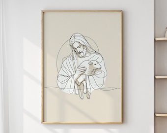 Una oveja perdida, Jesús deja las 99 ovejas, Cordero perdido, Arte bíblico, Pastor, Arte de pared, Regalo moderno cristiano, Impresión de Jesús, Lienzo de Jesús, Arte de pared
