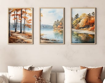 Fall Landscape Print Set of 3, Watercolor Wall Art, Nature Prints, Modern Minimal Wall Decor, Landscape Watercolor Gallery Wall Art Set of 3