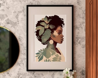 Black woman print, African american wall art, Printable art, Boho wall art,Feminine wall art, Black girl wall art print, Botanical art print