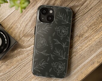 Peony Line Drawing iPhone Case, Botanical Floral Design
